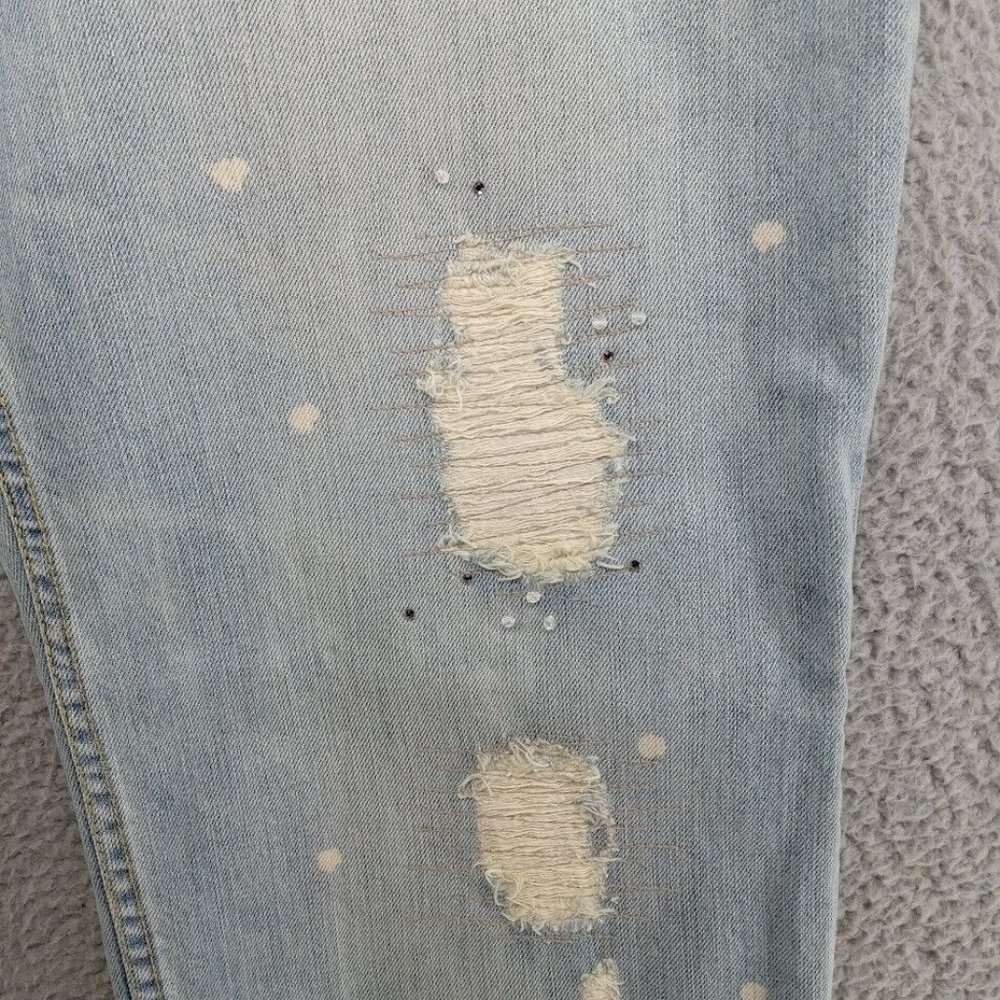 Seven7 Jeans Womens 24  Light Blue Rhinestones Distressed Ripped Wide Leg Denim - Picture 2 of 15
